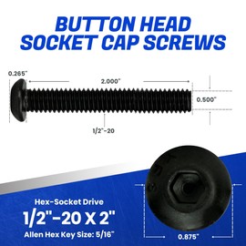 Fastenere Button Head Socket Cap Screws - 1/2-20 x 2 (5-Pcs) Alloy Steel, Fully Threaded, Fine Black Oxide Finish, Corrosion-Resistant, Machine Thread, Easy to Install w/Allen Hex Drive