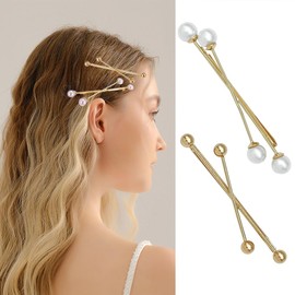 2PCS Gold Metal X Shaped Hair Pins Decorative Fancy Hair Clips Bridal Pearl Hair Barrettes Wedding Side Clips Hair Accessories for Women Lady