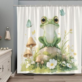 ZZYSKS Frog Shower Curtain Cute Animals Flowers Butterfly Mushroom Green Plant Spring Forest Tropical Rainforest Jungle Funny Theme Fabric Bathroom Decor Accessories Sets with Hooks 70Wx70H Inch