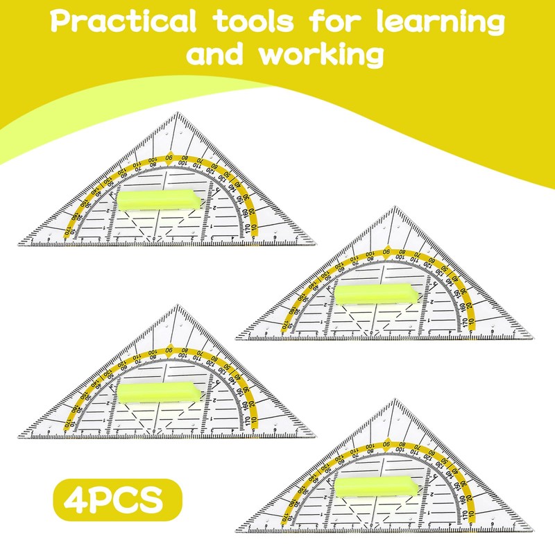 Set Square with Handle, 4 Pieces Drawing Triangle Protractor, 16
