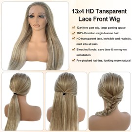 Highlight Ombre Ash Blonde Lace Front Wig Human Hair for White Women, 13x4 Invisible Lace Lace Frontal Wig Pre Plucked Natural Hairline Full 180% Density Real Human Hair Glueless Wigs with Brown Roots