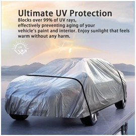 Haipky Silver Weatherproof Full Car Cover, Outdoor Waterproof & Scratch-Resistant, Heat-Resistant, Windproof Straps, Elastic band, Fits for Sedan Length 157.5-169.3inch