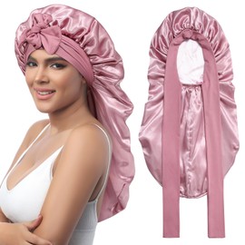 AWAYTR Long Satin Bonnet for Sleeping - Double Layer Reversible Silk Bonnet for Long Hair Women Sleeping Cap with Tie Band (Rose Gold+Pink)