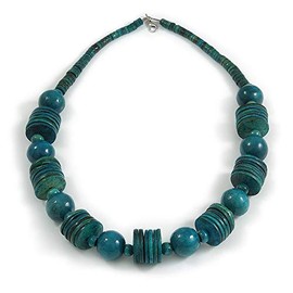 Avalaya Teal Wood Button & Bead Chunky Necklace - 60cm Long