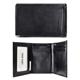 Nine West Vegan Leather Trifold Wallets For Men - Cruelty Free Recycled Leather Mens Wallet With ID Window Gifts For Men, Solid Black
