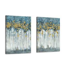 ARTISTIC PATH Teal Abstract Canvas Wall Art - 2 Pieces Modern Navy Blue Painting Golden Foil Artwork Picture Prints for Living Room Bedroom Home Office