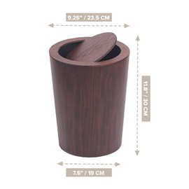 Modern Round Trash Can with Lid,Real Wood Waste Basket in Dark Brown,9.25"x7.5"x11.8" Swing Top Small Trash Can,Decorative Small Garbage Can for Bedroom, Living Room, Office & Bathroom,8L/2.1Gal