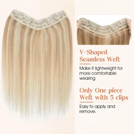 SLEEKALON Real Human Hair Blonde Highlights One Piece Clip in Hair Extensions 3/4 Full Head Clip on Hair Extensions for Women Straight V-Shaped Weft Invisible Clip in Hair Extensions(12",18P613)