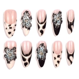 Medium Almond Press On Nails Handmade Reusable Unique Fake Nails, Artistic Design, Thick Acrylic and Muti-Layer Gel False Nails, Size M