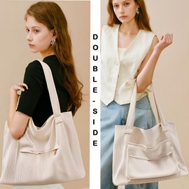 LOTEZAVA Cord Bag Handbag Women's Shopper Tote Bag Large Shoulder Bag with Zip Multiple Pockets Shopper Bag for Work Shopping School Daily Travel, black, L