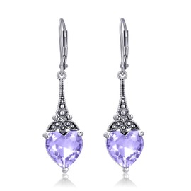 Violet Purple Heart Crystal Earrings 925 Sterling Silver Vintage Leverback Drop Dangle Earrings with 10mm Simulated June Birthstone