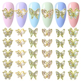 DANNEASY 30pcs 3d Butterfly Charms for Nails Gold Nail Charms Nail Rhinestones Gems Alloy Nail Jewels Nail Butterfly Design Nail Decoration for Acrylic Nails DIY Nail Art Accessories