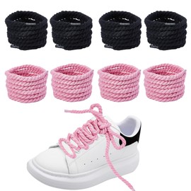 NICENEEDED 4 Pairs Thick Rope Shoe Laces, Pink and Black Cotton Sneaker Shoelace Chunky Shoelaces Replacement Strings, Round Twisted Shoe lace for Men Women
