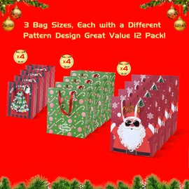 Klean & Conwenice 12 Pcs Christmas Gift Bags with Assorted Prints for Holiday Kraft Paper Bags, Goody Party Favor, Retail Merchandise, Grocery Shopping