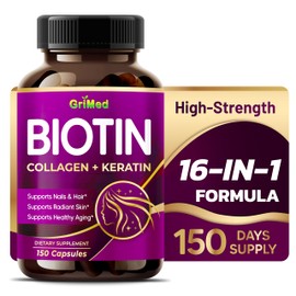 GriMed BIOTIN with Collagen + Keratin 7,275mg Strong Nails & Hair, Radiant Skin, Healthy Aging (150 Count (Pack of 1))