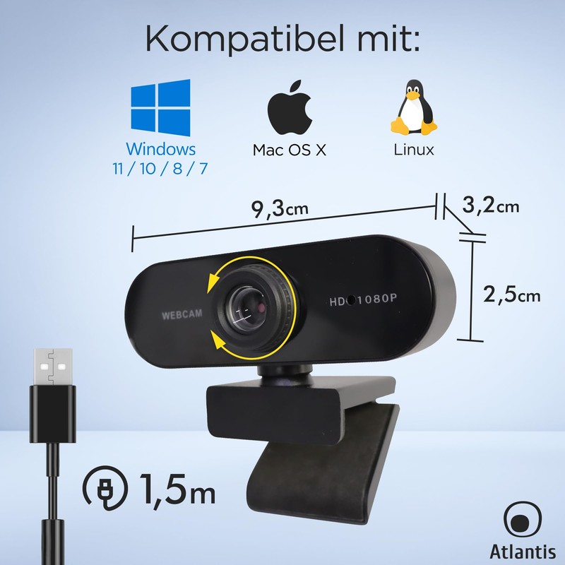 Atlantis Webcam Full HD 1080p 1920x1080/30fps, Manual Focus, Built-in Microphone,