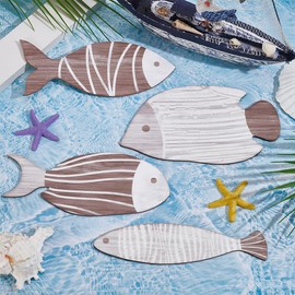 UNICRAFTALE 4Pcs 4Styles Wooden Fish Wall Decor Rose Brown Fish Wall Decor Wooden Coastal Decorations Wood Hanging Decoration with Stickers for Bathroom Lake House Beach House Home Room Walls Decors