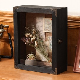 Cinnvoice 11x14 Inch Shadow Box Depth 4.7in Shadow Boxes Display Cases with Cork Board Backing Rustic Burnt Wood Box for Flowers Bouquet Wedding Picture Photo and Keepsake(Black)