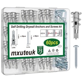 mxuteuk 60Pcs #8 Self Drilling Zinc Alloy Drywall Anchors and Screws kit, 30Pcs Zinc Alloy Anchors and 30Pcs #8x1-1/4'' Screws - Holds Upto 75lbs,for Drywall Hanging and Mounting No Drill Hole