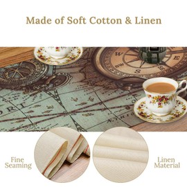 Map Table Runner, Retro Old World Map Vintage Compass Backdrop Table Decor, Cotton Burlap Tablerunner for Dinning Room, Kitchen, Living Room, 13x36in