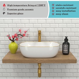 J-FAMILY 18.3'' x 13'' Bathroom Vessel Sink Above Counter White Porcelain Ceramic Sink Bowl Gold Rim Vanity Sink Lavatory Wash Hand Basin