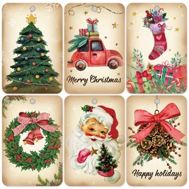 60 Vintage Christmas Gift Tags with String, Retro Xmas Hanging Name Tags with Santa Claus Perfect for Presents Wrapping Holiday Home Decor(2’’ x 3’’)