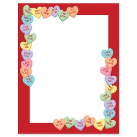 Candy Hearts Letter Paper - Decorative Stationery With Heart Border, Printable Valentine's Day, Wedding & Bridal Shower, & Invitation Letterhead Sheets, Set of 25, 8 1/2" x 11"