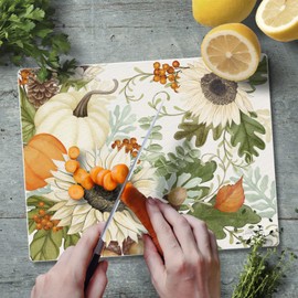 CounterArt Farmhouse Fall Decorative 3mm Tempered Glass Cutting Board 10" x 8" Manufactured in the USA Dishwasher Safe Cheese Board Bar Board
