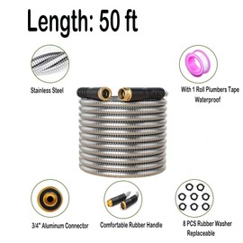 Metal Garden Hose 50ft, Stainless Steel Water Hose, Flexible Water Pipe With 10 Functional Nozzle, 6 Functional Sprayer Nozzle, 1 Roll Waterproof Tape, 8 PCS Rubber Gaskets, For Yard Lawn Outdoor