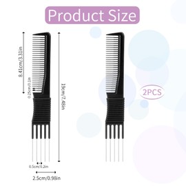Lift Teasing Combs with Metal Prong 2 Pack Salon Teasing Back Combs Lifting Fluffing Comb with Metal Pick Black Hair Picks for Women Hair Styling