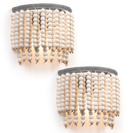 JCPYIUL 2Pack Bohemia Wood Beaded Wall Sconces Bedside Antique Rustic Farmhouse Wall Lamp Lighting Fixture Gray White Finishing for Bedroom Hallway Entryway Passway Bathroom