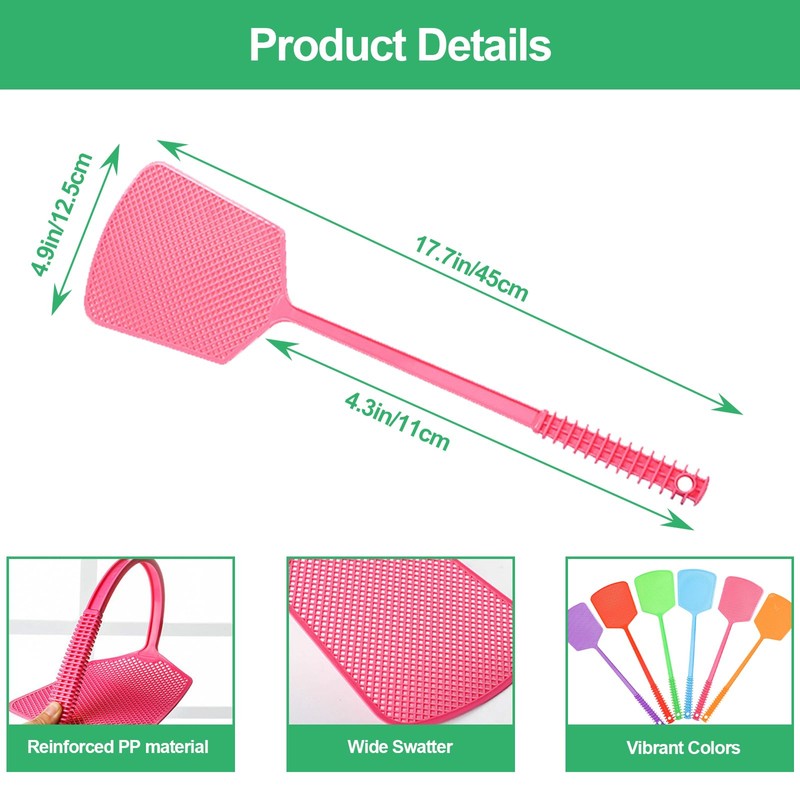 6 Pack Heavy Duty Fly Swatters, Extra Long 17.7in Plastic