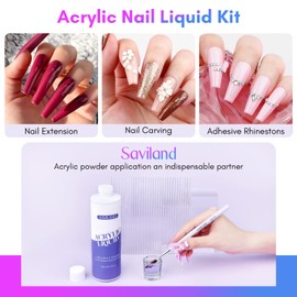 Saviland 240ml Acrylic Liquid – Acrylic monomer Liquid with 3PCS Acrylic Brushes Size（8/10/14）for Acrylic System Application Acrylic Nail Kit, 8.11fl.oz Monomer for Acrylic Nails Extension & Carving