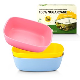 Sugarcane Kids Bowls 3Pack (27oz) - Natural Plastic Dishes for Toddler to Big Kids - Fried Rice & Noodles – Microwaves & Dishwasher Safe – BPA Free, Unbreakable, Reusable - Bright Multi