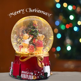 Christmas Snow Globes Bears with Xmas Tree Gift Boxes Christmas Snow Globe with 8 Songs Color Changing Battery Operated Musical Box for Christmas Home Party Décor