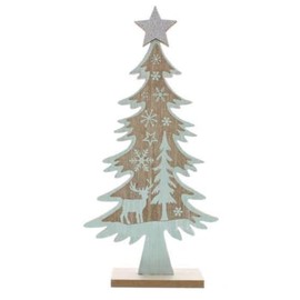 Wooden Christmas Tree Shaped Table Top Decoration with Reindeer Stag Tree & Snowflakes 31cm Tall