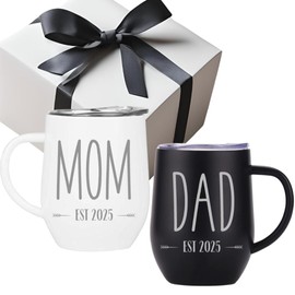 Tipit Drinkware Pregnancy Gift Est 2025- Mom and DAD Est 2025 ENGRAVED Stainless Steel Coffee Tumblers - Gift Set for New Parents to Be - Mom and Dad Mugs for Expecting Parents