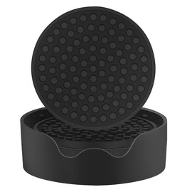 Proxima Direct Coasters Set of 6 in Holder - 4.3 inch Large Size Protect Furniture from Water Marks & Damage - Good Grip, Deep Tray (Black)