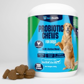 AuraHealth Probiotic 200 Chews for Small to Madium Dogs: 16-in-1 Blend to Support Gut & Immunity – 8 Billion CFUs, Prebiotics, Glutamine, Inulin, Omega-3 – Chicken Flavour.