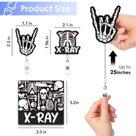 Xray Nurse Badge Reel with Finger Bones & Detachable Skeleton Skull ID Holder Black Glitter Radiology Ortho Retractable Clip, Doctor Tech Student Gift