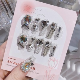 SINHOT Luxury Press on Nails - Long Coffin Fake Nails 3D Handmade Hearts & Pearls Reusable False Nails with Rhinestone Designs,DIY Artificial Nail Art, 24pcs