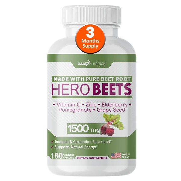 Beet Root Capsules 1500mg - Organic Beet Root Powder + Vitamin C Zinc, Elderberry, Pomegranate, Grape Seed Extract - Nitric Oxide Supplement, Supports for Healthy Circulation* -Vegan - 3 Months Supply