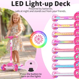 BELEEV Kids Scooter with LED Light-Up Wheels & Deck, 3 Wheel Folding Scooter for Toddlers Girls Boys Ages 3-12, Adjustable Handlebar, Lean to Steer, Extra Wide Wheel, Kick Scooter for Children (Pink)