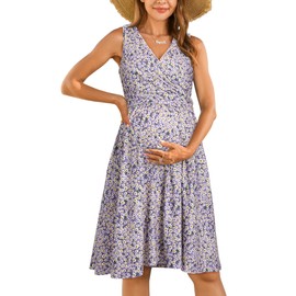 OUGES Womens 2025 V-Neck Sleeveless Summer Floral Maternity Dresses Nursing Breastfeeding Midi Dress(Floral Y,XL)