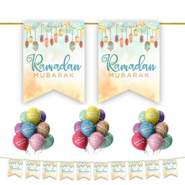 Ramadan Mubarak Decoration Set (Lanterns Watercolour 20pc Set) - 20pc Set Pack with Buntings Flags Banners Balloons Partyware Decor