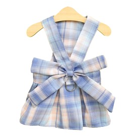 Plaid Dog Dress Bow Tie Harness Leash Set Breathable Soft Comfortable Puppy Summer Dress for Daily Walking Blue (with 1.4m/4.6ft Rope) XL