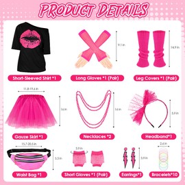 SlowTon 80s Outfits Costumes Accessories for Women - 1980s Fancy Dress with Pink Tutu Hip Pop Disco Skirt Leg Warmers Earrings Headband Necklace Fishnet Gloves for Women Girls Retro Theme Party 24PCS