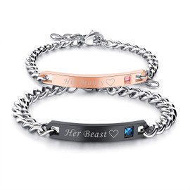 Cupimatch 2pcs CZ His and Hers Couple Bracelets Set, Adjustable Titanium Stainless Steel His Beauty Her Beast Love Heart Matching Bracelet Link Jewelry Set,Black …