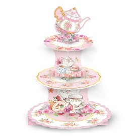 3 Tier Floral Tea Cupcake Stand, Tea Talking Dessert Tower Garden Party Decorations for Little Girls, Flower Tea Cupcake Holder Baby Shower Birthday Wedding