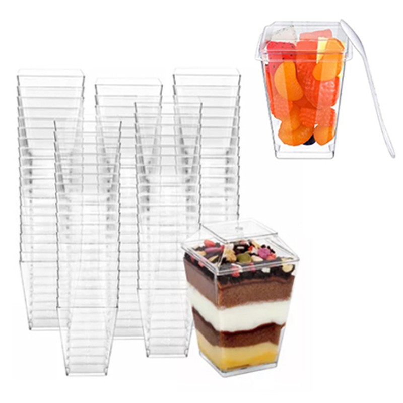Clear Dessert Cups with Lids Reusable Trapezoidal Transparent Easy Clean